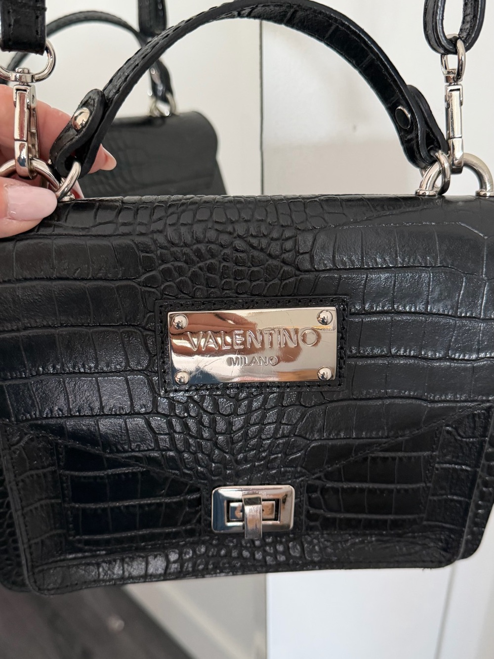 VALENTINO by Mario Valentino Black Croc-Embossed Mini Crossbody Bag - Picture 15 of 16